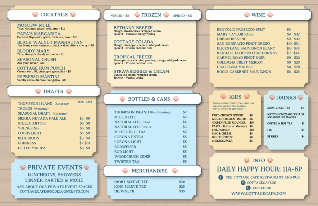 The Cottage Cafe Restaurant & Pub Menus | Bethany Beach, DE